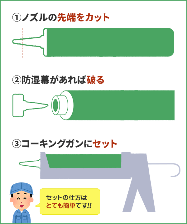 忌避剤をコーキングガンにセットする手順