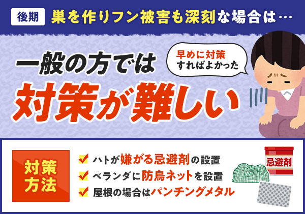 後期で巣を作りフン被害も深刻な場合は一般の方では対策が難しいです。
