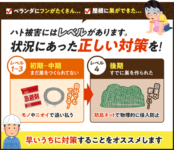 ハト被害にはレベルがあるので状況にあった正しい対策をしましょう